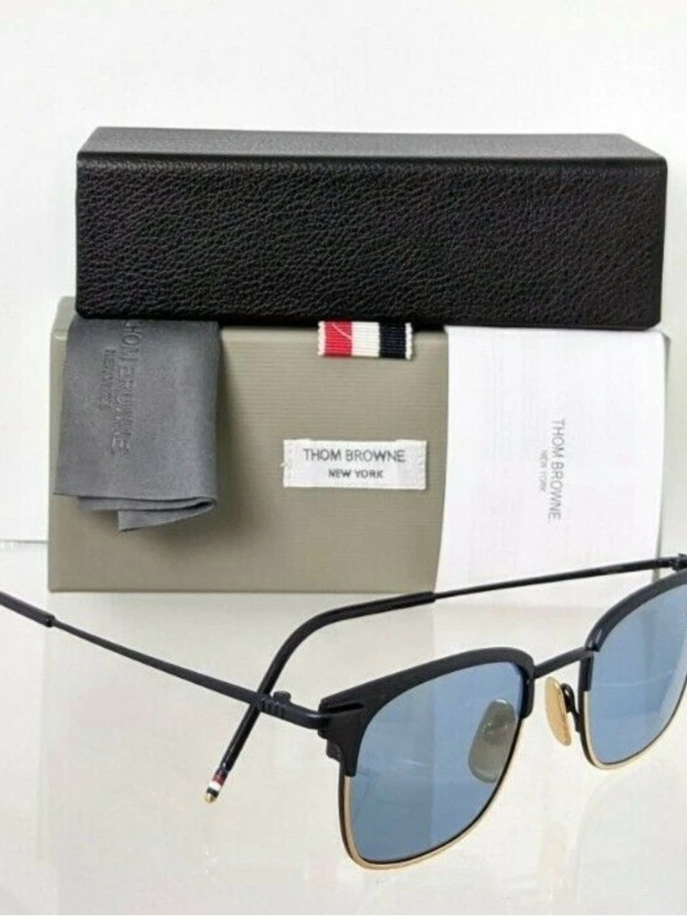 Thom Browne Black and Gold Frame Sunglasses with Blue Lenses - Picture 3 of 6